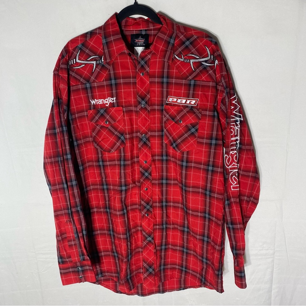 Wrangler PBR Red Black White Plaid Long Sleeve Snap Front Western Rodeo Shirt LT